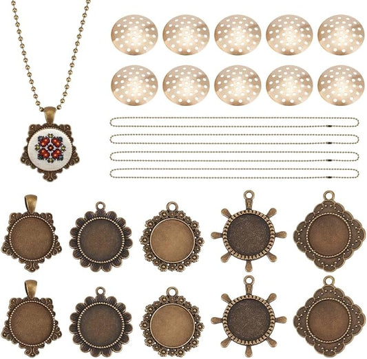 FREEBLOSS 10 Set Round Bezel Pendant Trays Necklace Blank Pendant Frame for Embroidery Vintage Tray Charm DIY Jewelry Making Kit for Necklace DIY Embroidery Necklaces Needlepoint