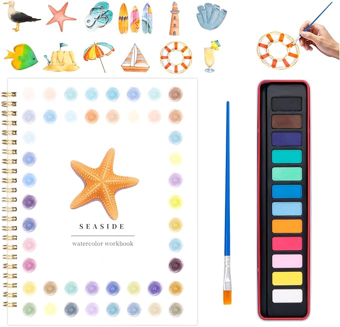 Watercolor Workbook for Adults, Beginner Friendly Watercolor Painting Kit Seaside Water Coloring Book, Nature-Themed Practice Art Gift Water Color Paint Book with Palette and Brush