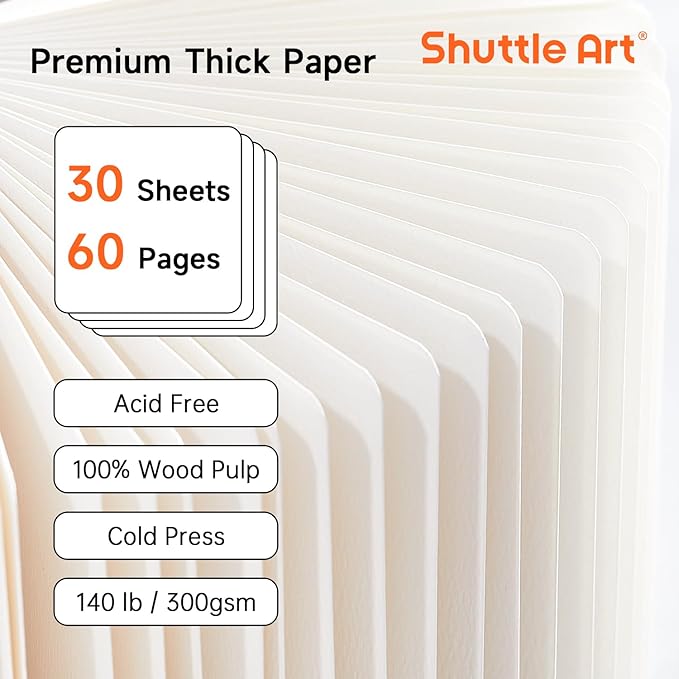 Shuttle Art Acrylic Paint Marker Journal - 30 Sheets 5.51x5.51 Watercolor Journal with 140LB (300 GSM) Watercolor Paper for Acrylic Markers & Watercolor