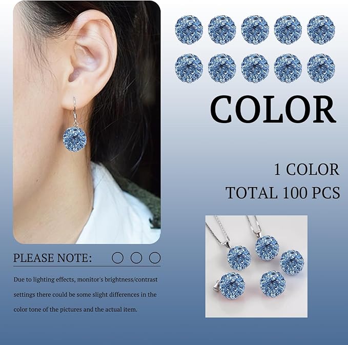 10mm Grade A Light Blue Rhinestone Beads for Baseball Necklace-Round Disco Ball Bead Rhinestone Clay Beads for Earring Jewelry Making,Necklace Bracelet,DIY Craft Supplies(100 pcs)