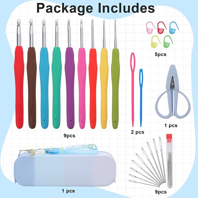 Crochetbox Crochet Hooks Set, 9 Size 2mm(B)-6mm(J) Ergonomic Handles Crochet Hooks with Case for Arthritic Hands, Kintting Needle with Crocheting Tool for Crocheters