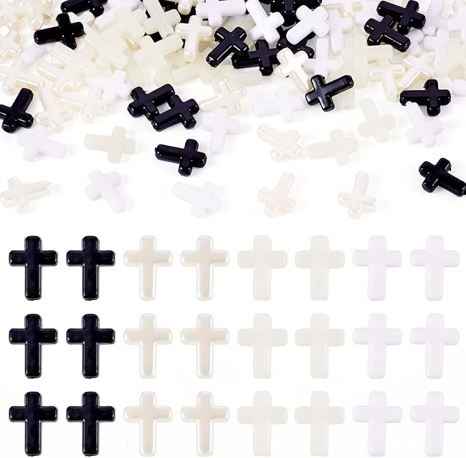 FASHEWELRY 100Pcs Black White Acrylic Cross Beads - Cute Mini Crucifix Loose Rosary Spacer for Easter, DIY Bracelet, Necklace, Jewelry Making, Earring