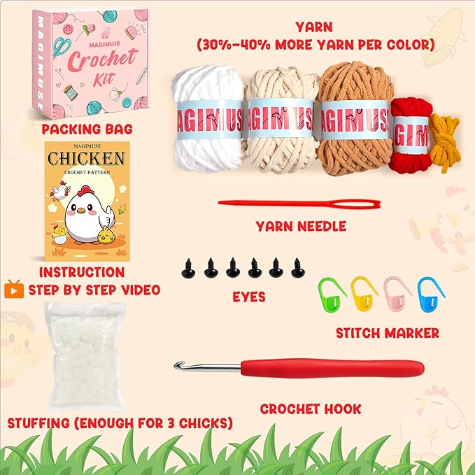 MAGIMUSE Crochet Kit for Beginners, Crochet Starter Kits for Adults Amigurumi Craft Knitting Crochet Animals Kits with Step-by-Step Video Tutorials, 3 Pcs Chicken (40%+ Yarn)