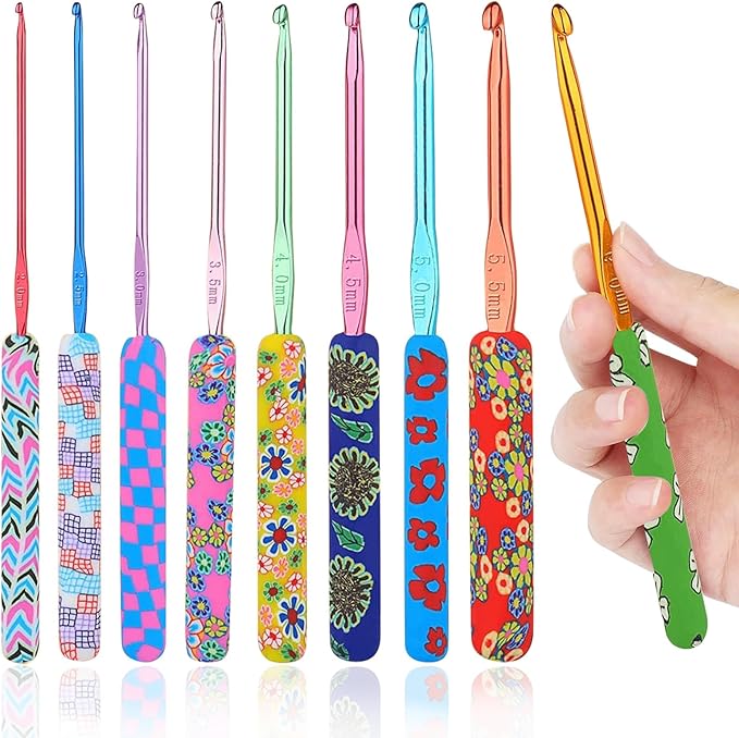 Crochet Hooks,9 Size Colorful Metal Crochet Hooks (2.0mm-6mm) Set with Stitch Markers for Beginners,Knitting Needles with Ergonomic Handles for Comfortable Crocheting