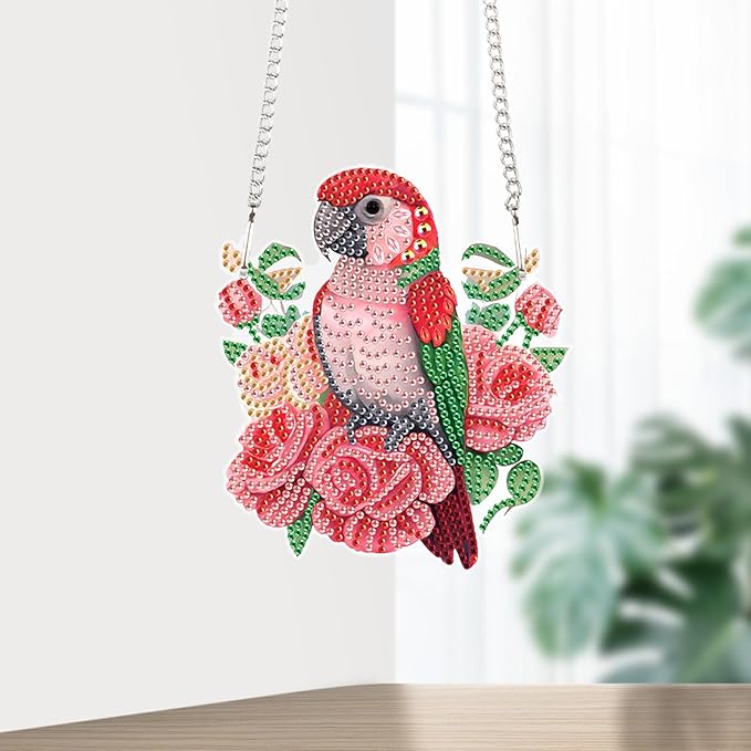 Animal Parrot Diamond Art Painting Kit Ornament with Hanging Chain Flower DIY Diamond Art Acrylic Crystal Hanging Pendant Paint by Number Stained Glass Wall Art for Adults Home Wall Decor Gift