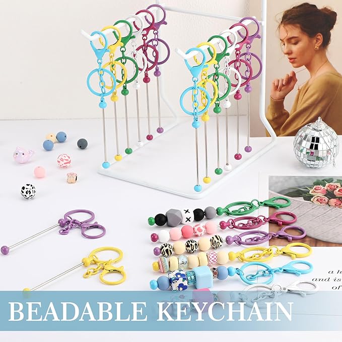 Tondiamo 24 Pcs Beadable Keychain Bars Bulk Beads for Keychain Making Kit Gifts for Women Men DIY Crafts(Bright Color)