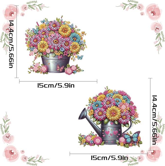 2 Pack Floral Diamond Painting Hanging Decorations – 5D DIY Flower Pot & Watering Can Wall Art, Special Shaped Diamond Art Kit with Hanging Chains, Garden-Inspired Decor for Home & Gift