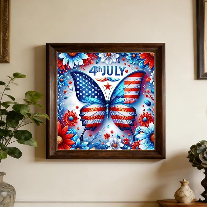 igoodom July 4th Diamond Art Kits for Adults, Independence Day Diamond Painting Kit, Full Drill Round Butterfly Diamond Art Kits, DIY Gem Art and Crafts for Home Wall Decor Gift 14x14inch