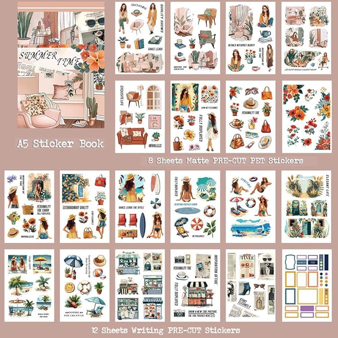 Dwpetzo Vintage Summer Landscape Pre-Cut Sticker Book for Junk Journaling, Dual Transparent PET and Writing Paper Materials, Collage Stickers for Scrapbooking Supplies, Planner, Card Making, Bujo