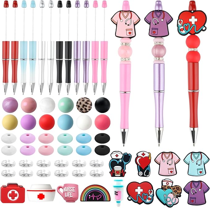 12 Set Hospital Theme Plastic Beadable Pens DIY Set, Assorted Bead Pens Crystal Round Spacer Pendant Set Black Ink DIY Ballpoint for Teachers, Women Men Gift Office Supplies