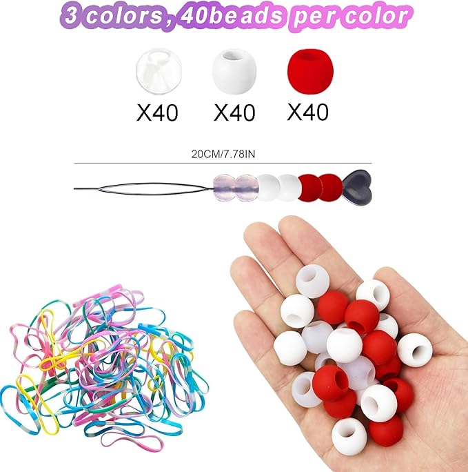120Pcs 14mm Large Silicone Beads for Hair Braids, Soft Jellyish Hair Beads with 7mm Hole + 50 Rubber Bands and 1 Beader for Braiding, DIY Bracelets Necklaces Crafts(Red)