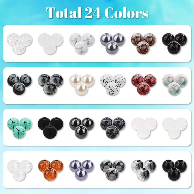 840pcs 8mm Glass Beads - 24 Colors, Round Marble Loose Beads for Men Women Bracelet Earring Necklace Jewelry Making Supplies