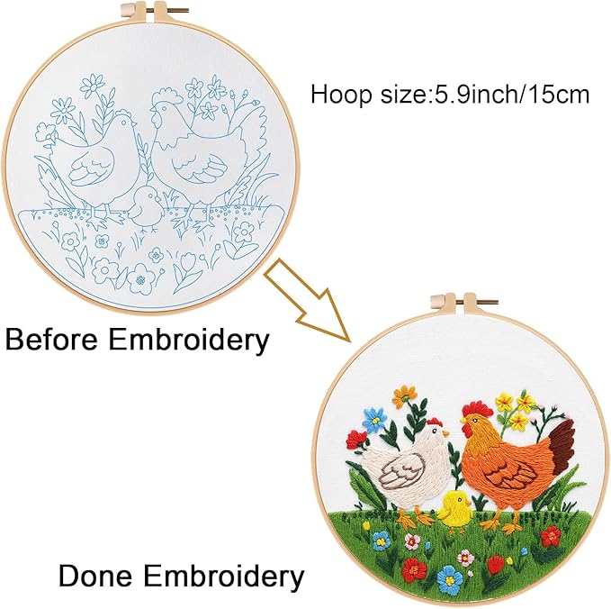 Louise Maelys Funny Animal Embroidery Kits for Beginners,Cross Stitch Kit for Adults,DIY Needlepoint with Hen Rooster Chick and Flower Lawn Pattern