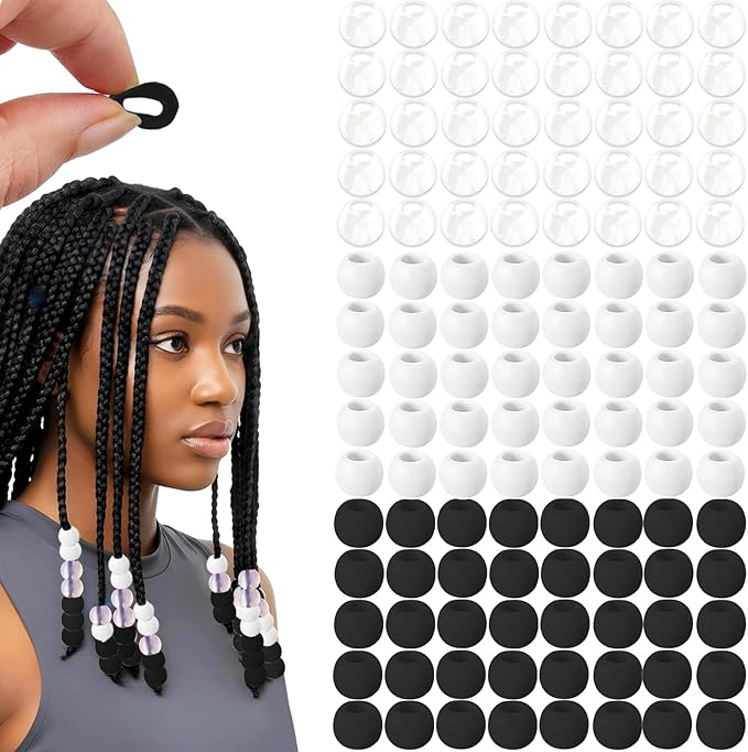 120Pcs 14mm Large Silicone Beads for Hair Braids, Soft Jellyish Hair Beads with 7mm Hole + 50 Rubber Bands and 1 Beader for Braiding, DIY Bracelets Necklaces Crafts(Black)