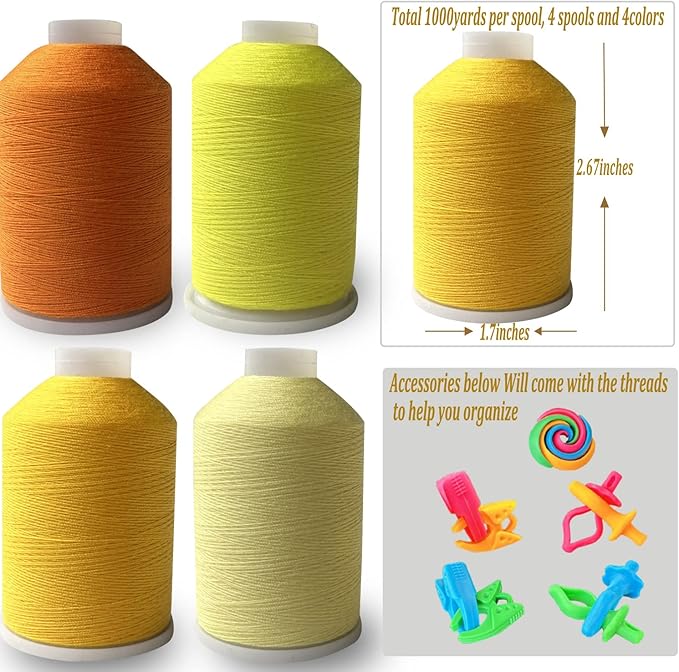 Sewing Thread Set, 4 Colors (Yellow), 40s/2, 100% Polyester, 4000 Yards (Orange Yellow Series)