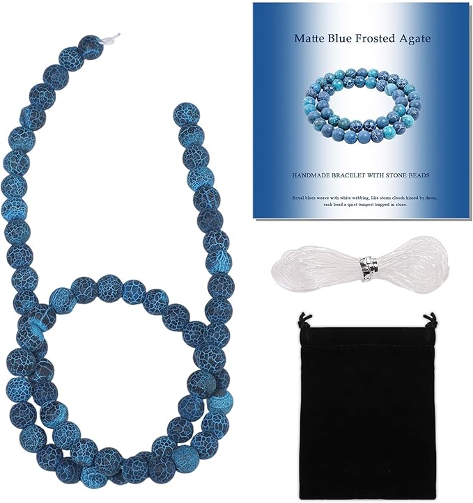 Stone Beads, 60pcs Matte Blue Frosted Agate, 6mm Round Loose Beads for Jewelry Making, Bracelets, with Bag, String & Card