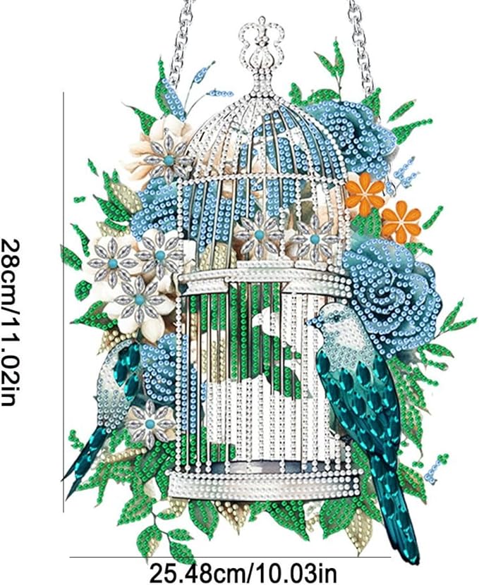 Flower Birdcage Design DIY Diamond Art Painting Wreath Kits Special Shaped Rhinestone Diamond Art Window Pendants Home Garden Wall Hanging Kits (Single Side Point Drill) (#11-Cat) (#05-Bird)