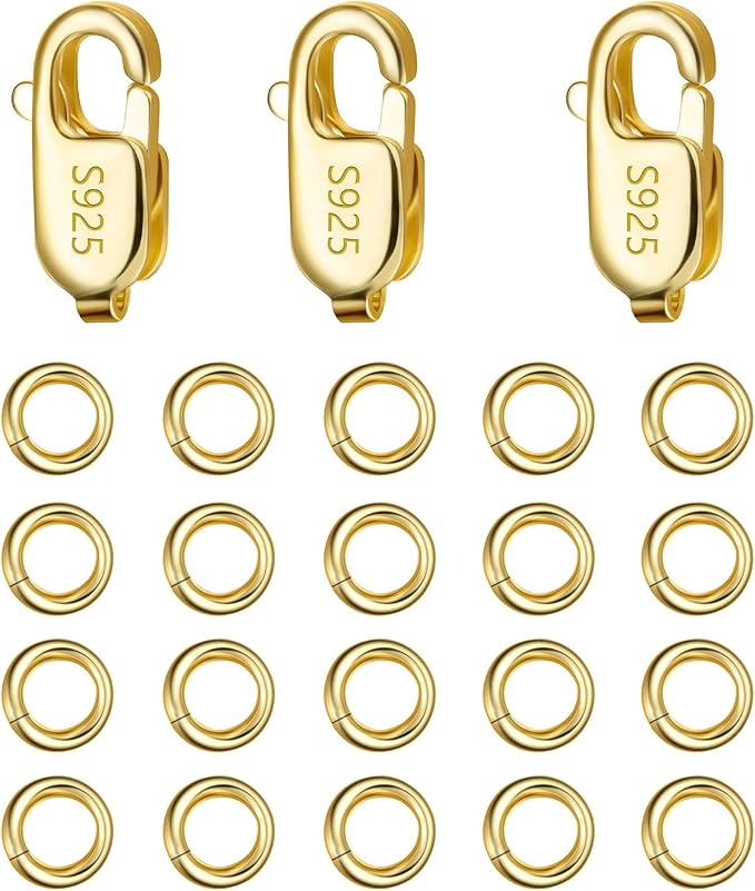 Gold Jewelry Making Lobster Claw 10mm, 23PCS Italian Rectangle Trigger Clasps with Open Jump Rings Set, Small Necklaces Bracelet Connector Gold Clasp Supplies 925 Sterling Silver Jewelry Finding Set