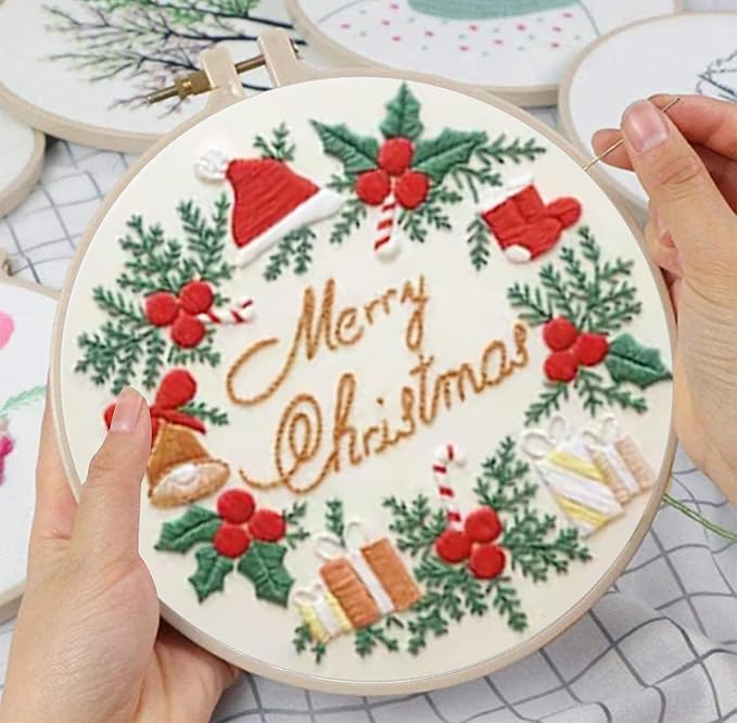 Huacan Embroidery Kits for Adults Beginner DIY Cross Stitch Stamped Christmas Pattern Stitching Wreath Sewing Kit 1 Piece 7.8 x 7.8 Inch