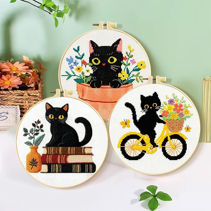Zhenqing 3-Piece Black Cat Cross Stitch Kit for Beginners - Complete Set with Pre-Printed 11CT 24x24cm Fabric, Hoop, Threads & Tools (3 Adorable Cat Designs)(70403)