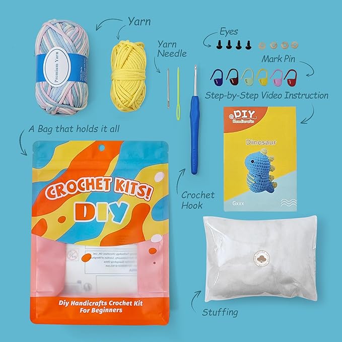 Kovarela Beginners Crochet Kit with Simple Crochet Yarn - with Step-by-Step Video Tutorials (Cute Dinosaur)