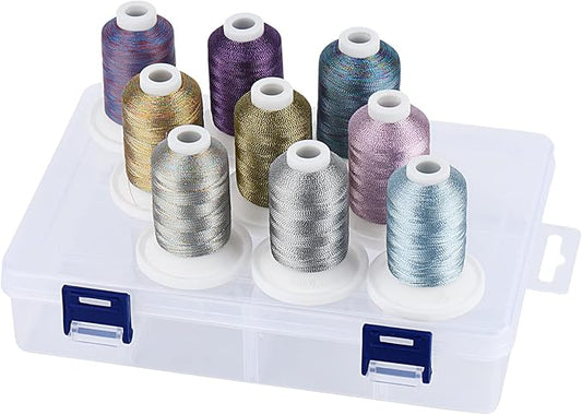 Simthread Metallic Embroidery Thread with Storage Box, 700M Snap Spools 9 Colors for Embroidery and Sewing Machine