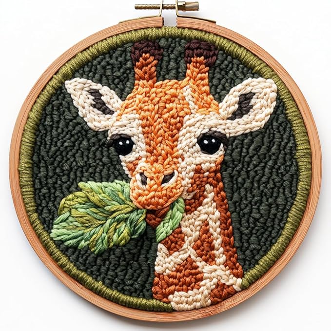 Punch Needle Kits Cute Baby Giraffe Chewing Leaf Easy for Beginners DIY Punch Needle Yarn Starter Embroidery Set for Craft Lovers with Printed Pattern and Hoop for Home Decor 20x20cm(2)