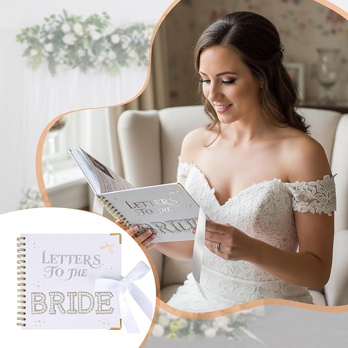 SnowCow 452 PCS Letters to The Bride Scrapbook Kit, 8.3 x 8.3 Inch Wedding Memory Book with Pen, Pearl Stickers, Metallic Letters, Bows for Bridal Shower Guest Book DIY