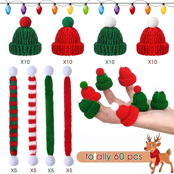 60 Pcs Mini Christmas Knit Hat and Mini Christmas Scarf Set, Santa Knit Hat Scarf Christmas Tree Ornaments Christmas Hat Scarf Cup Bottle Xmas Doll Crafts for DIY Craft Art Decoration (Classic Color)