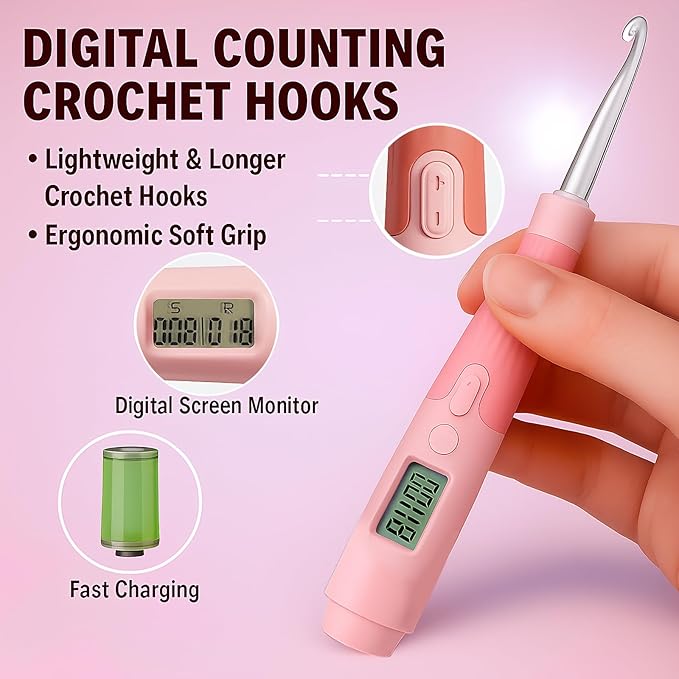 Light up Crochet Hook Set Counting Set Digital Crochet Kit Ergonomic with Lighted Led and Stitch for Crocheting and Knitting