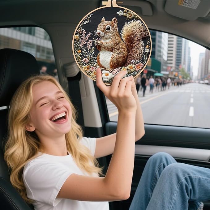 FONNUY Funny Squirrel Floral Embroidery Kit, Cross Stitch Kits for Beginners, Handmade Crafts with Printed Patterns for Beginner Adults, Easy to Follow Color Thread Needlework, 8'' Hoop (Smart)