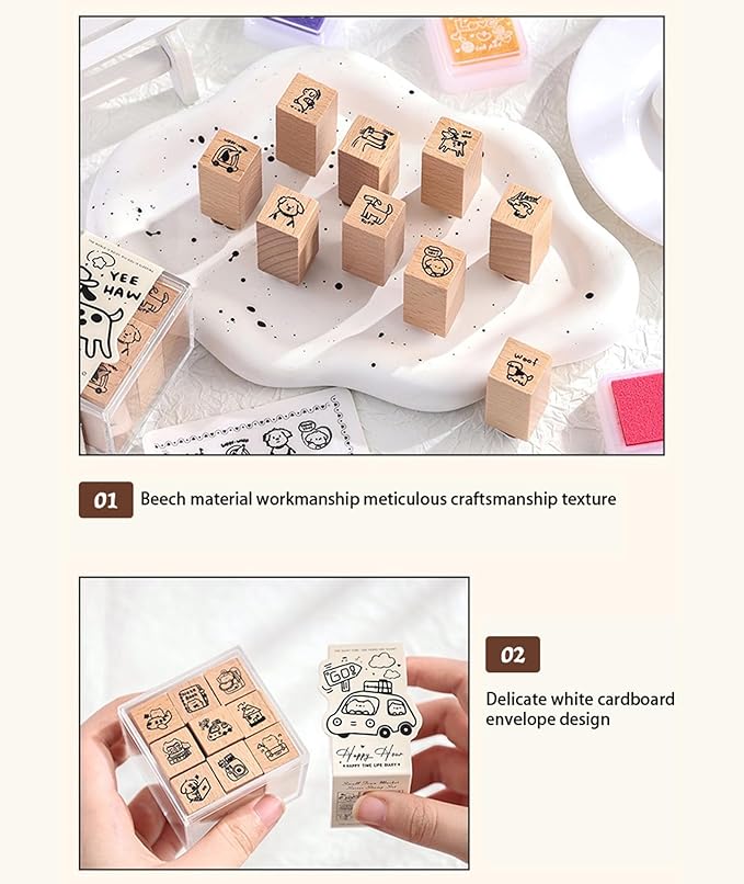 9pcs Cute Dog Wooden Rubber Stamps Kit,Small Emoticon Theme Stamps for Decorative Diary Planner DIY Craft Scrapbook Card Making Letters Journal