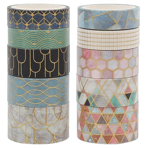 CCINEE 10 Rolls Washi Tape Set,Geometric Gold Foil Decorative Masking Tape for Bullet Journal Planner Scrapbooking Craft
