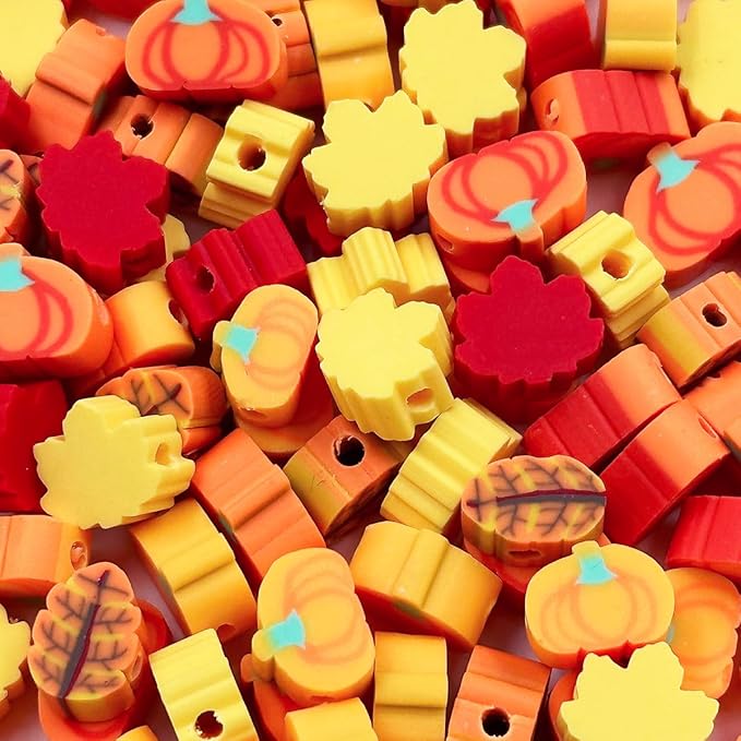 Polymer Clay Fall Pumpkin Maple Loose Spacer Beads, 10mm Thanksgiving Autumn Maple Leaves Pumpkin Beads Charms for DIY Hair Clip Necklace Bracelet Jewelry Earring Handmade Craft Making