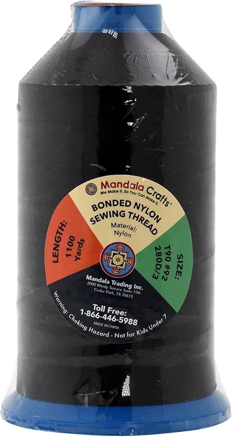 Mandala Crafts Size 92 280D T90 Bonded Nylon Thread - Black 1100 YDs Tex 90 Heavy Duty Sewing Threads for Leather, Jeans, Weaving, Outdoor Marine Upholstery