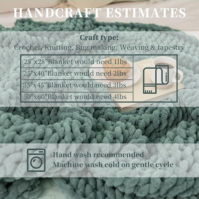 SUNTQ 8 Pack Chunky Chenille Yarn for Crocheting, Bulky Thick Fluffy Yarn for Hand Knitting Blanket, Soft Plush Knitting Yarn for Cushions, Pet Bed,Home Decor, Sage Green(32 yds,8.8 oz Each Skein)