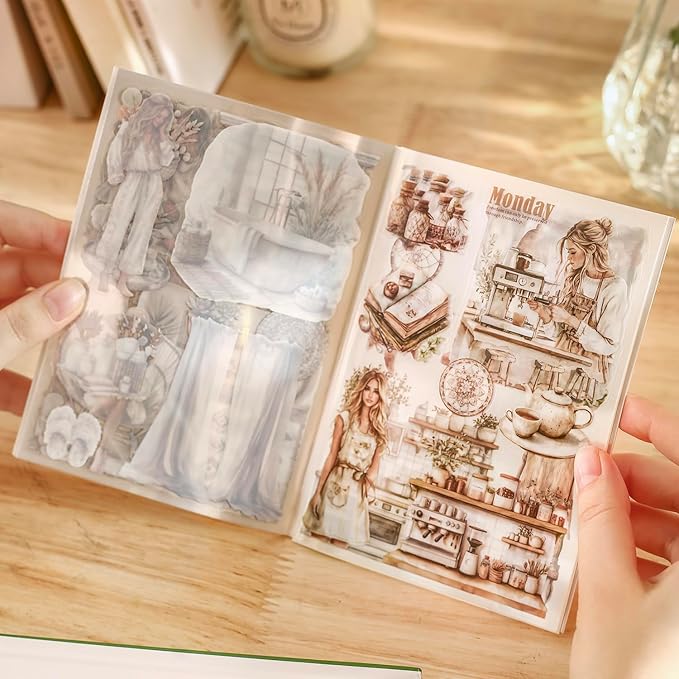 20 Sheets Daily Life Sticker Book for Journaling Supplies, Aesthetic Home Girl Sticker for Scrapboook Junk Journal, Die-Cut PET Stickers for Pre-Cut Ephemera, Bujo Planner Arts Craft