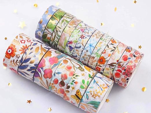 YUBX 18 Rolls Floral Gold Washi Tape Set VSCO Foil Masking Decorative for Arts, DIY Crafts, Journal Supplies, Planners, Scrapbook, Card/Gift Wrapping 8/15mm Wide (Flowers)