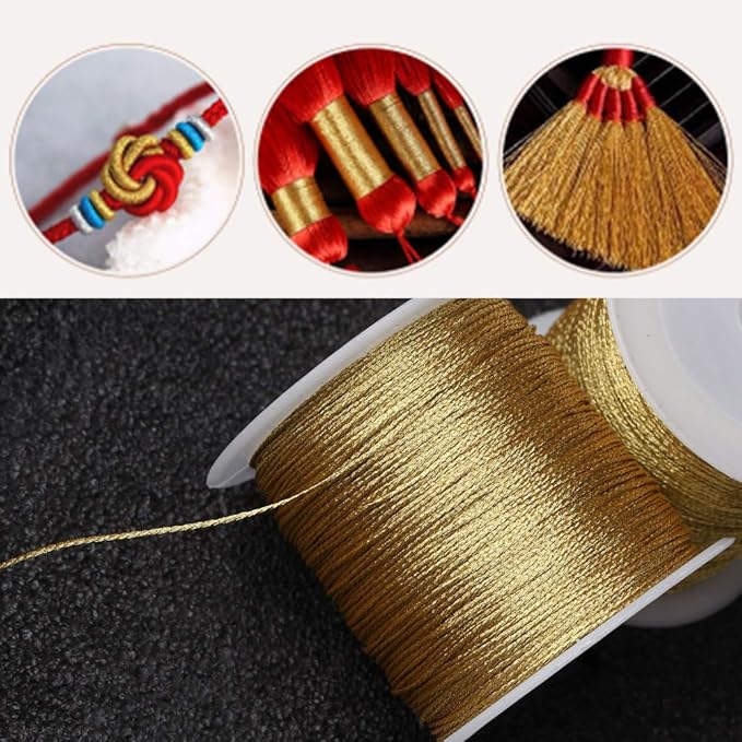 Pengxiaomei 218 Yards/656 Feet Metallic Cord Gold Twine, 2 Spool Gold Thread String for Bracelet Making Jewelry Making Thread Gold Craft String Tinsel String Craft Making Cord(0.5mm)