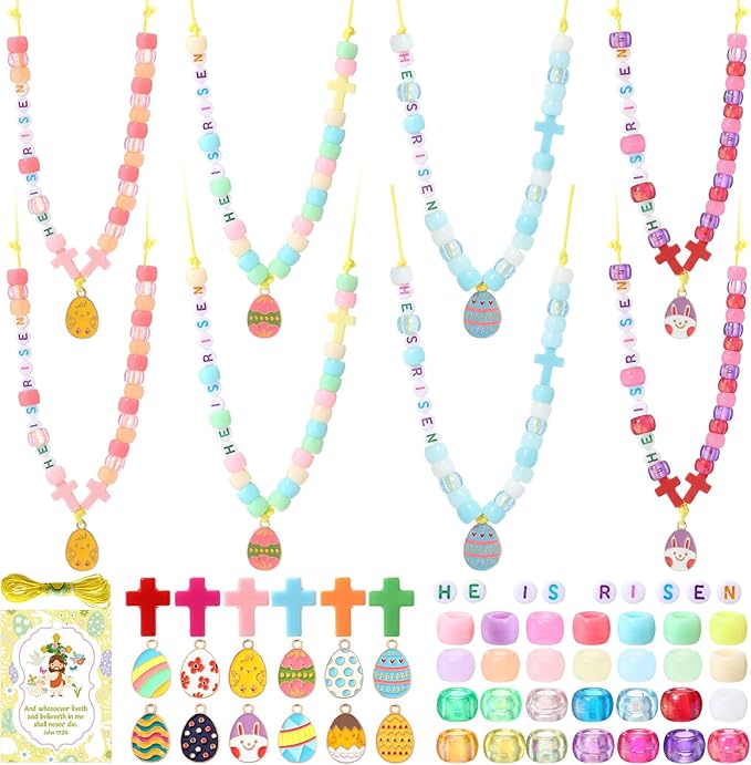Ferreve 25 Sets Easter Beads Necklace Craft Kit DIY He is Risen Craft Acrylic Cross Bead Alloy Easter Egg Pendant Christian Religious Gifts with Jesus Greeting Card for Church Party Favor Activities