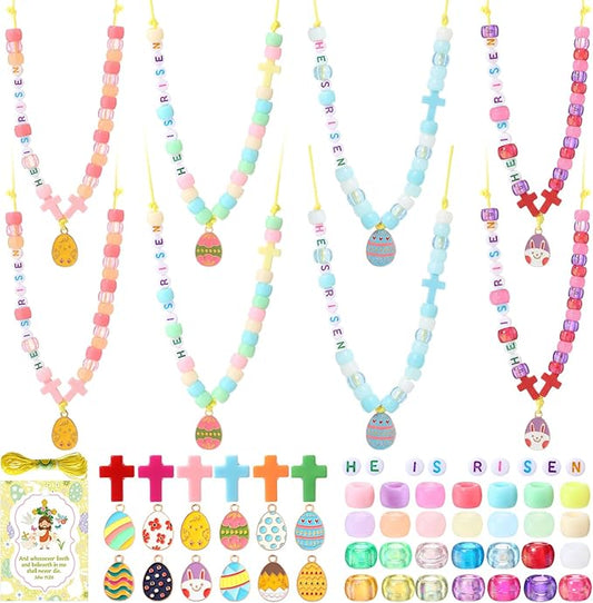 Ferreve 25 Sets Easter Beads Necklace Craft Kit DIY He is Risen Craft Acrylic Cross Bead Alloy Easter Egg Pendant Christian Religious Gifts with Jesus Greeting Card for Church Party Favor Activities