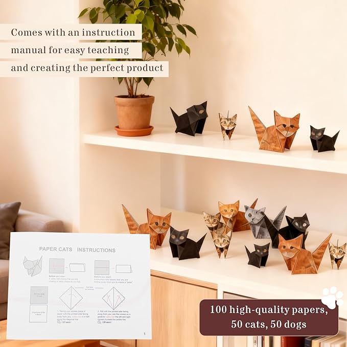100 Sheets 3D Cat Origami Kit - DIY Foldable Paper Animals, Desk Decor & Craft Gift for Cat Lovers, Adults & Teens
