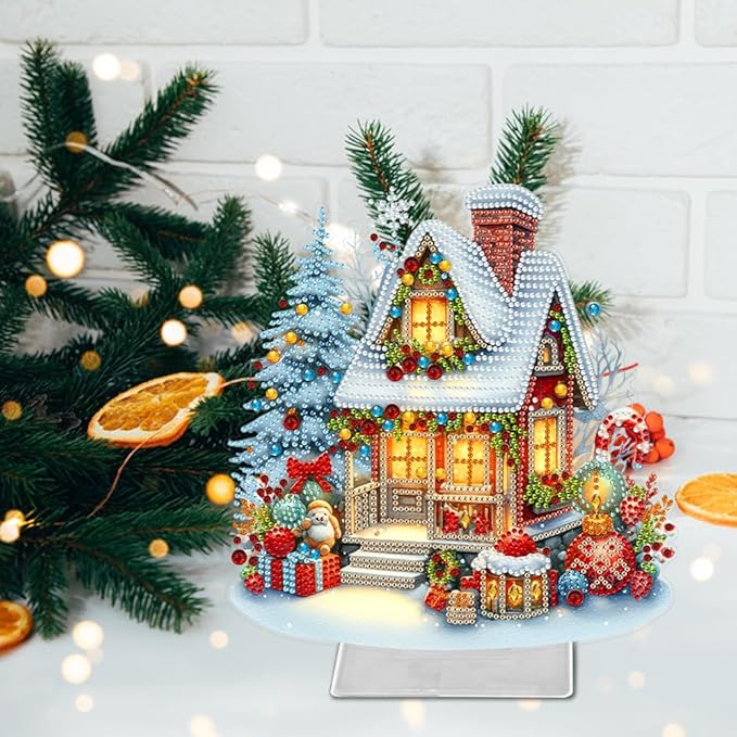LAKEQUILL Christmas Diamond Painting Kits, Tabletop Ornament, Stand Up Diamond Art Desktop Kits for Home Office Decor, New Year Gift - Snow House
