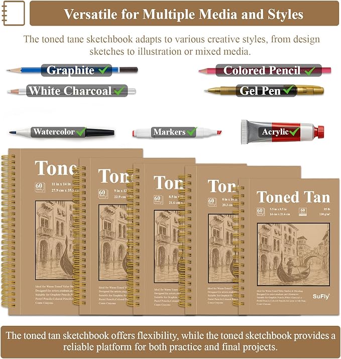 sufly toned paper sketch book, 11x14 inches, 60 sheets - 90lb/150gsm toned tan paper for mixed media, charcoal, graphite, colored pencils & white gel pens, 100% recycled, wire-o bound.