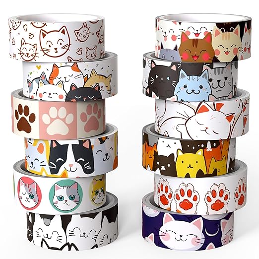 Cute Washi Tape Set, 12 Rolls Kawaii Cat Decorative Tape Cartoon Cat’s Paw Masking Tape for Journaling Supplies, Junk Journal, Scrapbooking, DIY Arts & Crafts, Planners, Gift Wrapping