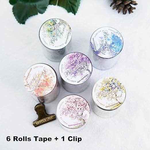 6 Rolls Blooming Forest PET Tape Set, 6 Rolls Tree-Themed Tapes with Decorative Clip, Scrapbook and Journal Supplies for DIY Crafts and Collage