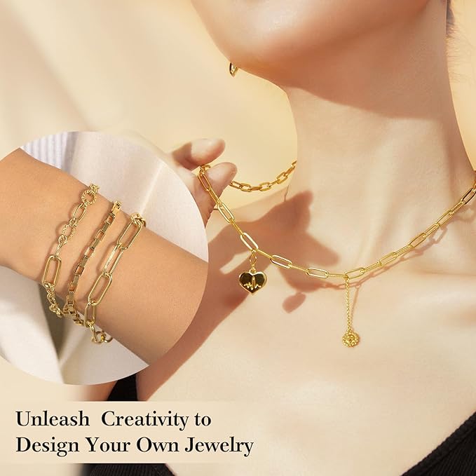 33 Ft 18k Gold Stainless Steel Paperclip Chains Roll - 3mm Width, Gold Plated Chain with Jump Rings & Lobster Clasps