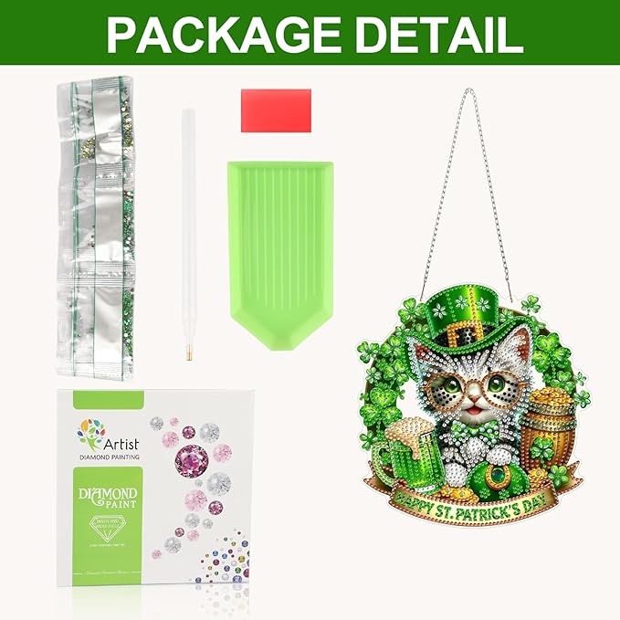 CEOVR St. Patrick's Day Diamond Painting Pendant, Cat Hanging Diamond Art for Adults, DIY Gem Art Wall Hanging Ornament, Acrylic Home Garden Decor with Chain, Box Kit 7.55×7.87inch