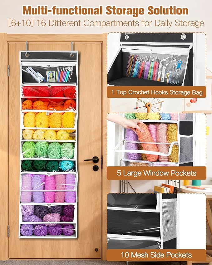 Hanging Yarn Storage Organizer, Large Capacity Over the Door Yarn Organizer with 6 Clear Zipper Pockets 10 Mesh Side Bags, Hanging Yarn Holder Knitting Storage Bag for Crochet Hooks, Black