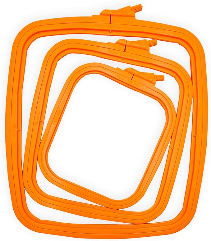 nurge square embroidery hoop - plastic cross stitch frame for needlepoint & embroidery - adjustable craft hoop - orange - set of 3